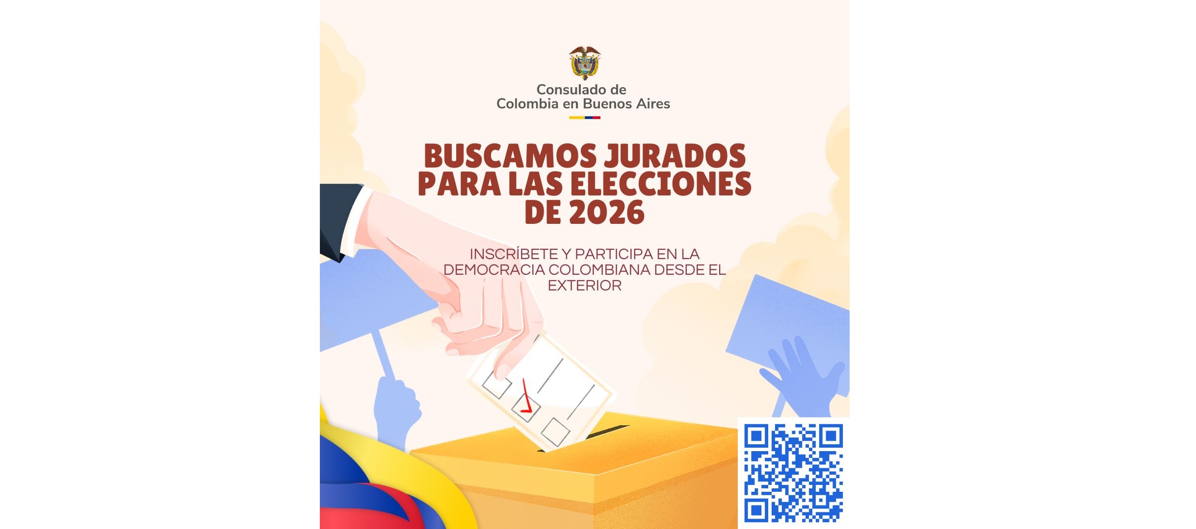 Buenos Aires, Argentina — El Consulado General de Colombia en Buenos Aires informa a la comunidad colombiana residente en Argentina que ya se encuentra abierta la convocatoria para inscribirse como jurado de votación en las próximas elecciones de 2026.
