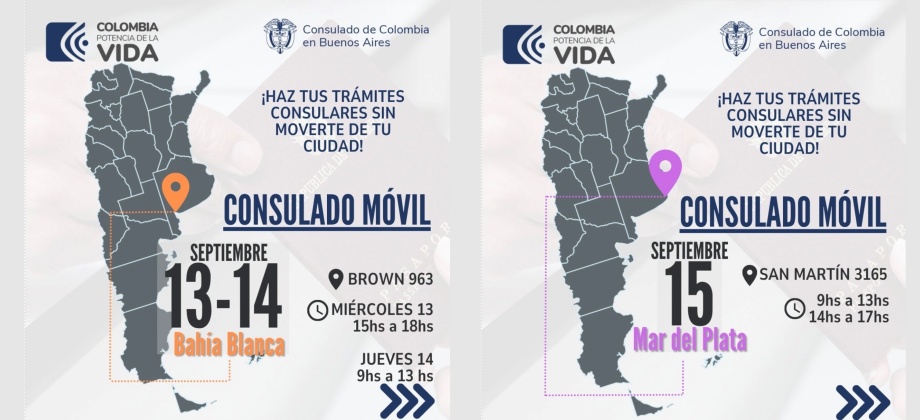 Consulado de Colombia en Buenos Aires llega con su Consulado Móvil a Bahía Blanca y a Mar del Plata del 13 al 15 de septiembre de 2023