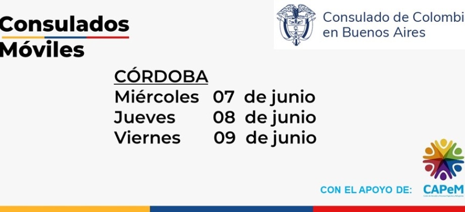 Del 7 al 9 de junio se realizará el Consulado Móvil en Córdoba organizado por el Consulado de Colombia en Buenos Aires 