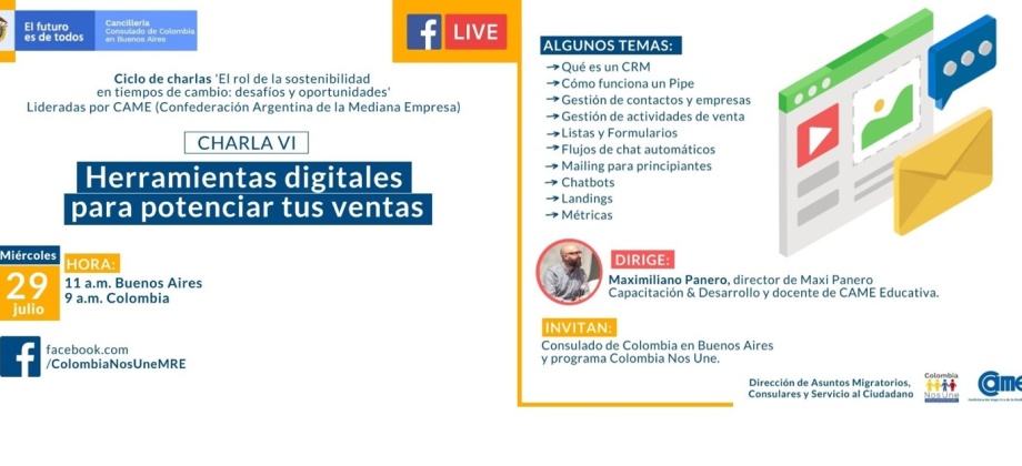 El Consulado de Colombia en Buenos Aires invita a la charla virtual ‘Herramientas digitales para potenciar tus ventas’, el 29 de julio de 2020