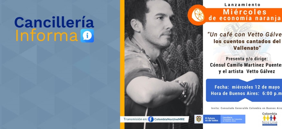 El Consulado de Colombia en Buenos Aires invita a ‘Un café con Vetto Gálvez: los cuentos cantados del vallenato’, el 12 de mayo de 2021