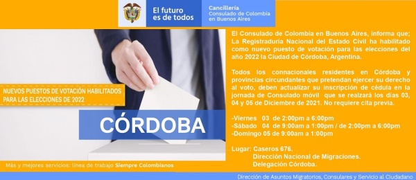La ciudad de Córdoba será un nuevo puesto de votación en Argentina para las elecciones del año 2022
