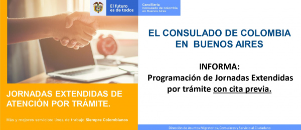 El Consulado de Colombia en Buenos Aires informa la programación de jornadas extendidas de atención por trámite