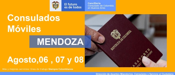 Consulado de Colombia en Buenos Aires realizará una jornada de Consulado Móvil en Mendoza, del 6 al 8 de agosto de 2021